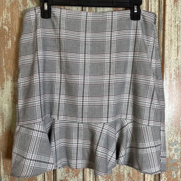 Loft Ann Taylor Women’s 12 Professional Gray Pink Accent Plaid Skirt Ruffle Hem - Picture 1 of 6